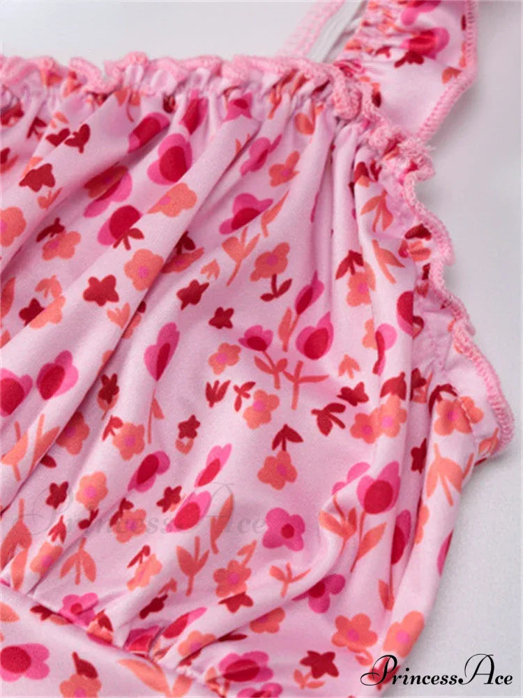 Summer Beach Women's Casual Pink Strap Print Floral Women's Ruched Party Sexy Club Midi Dress