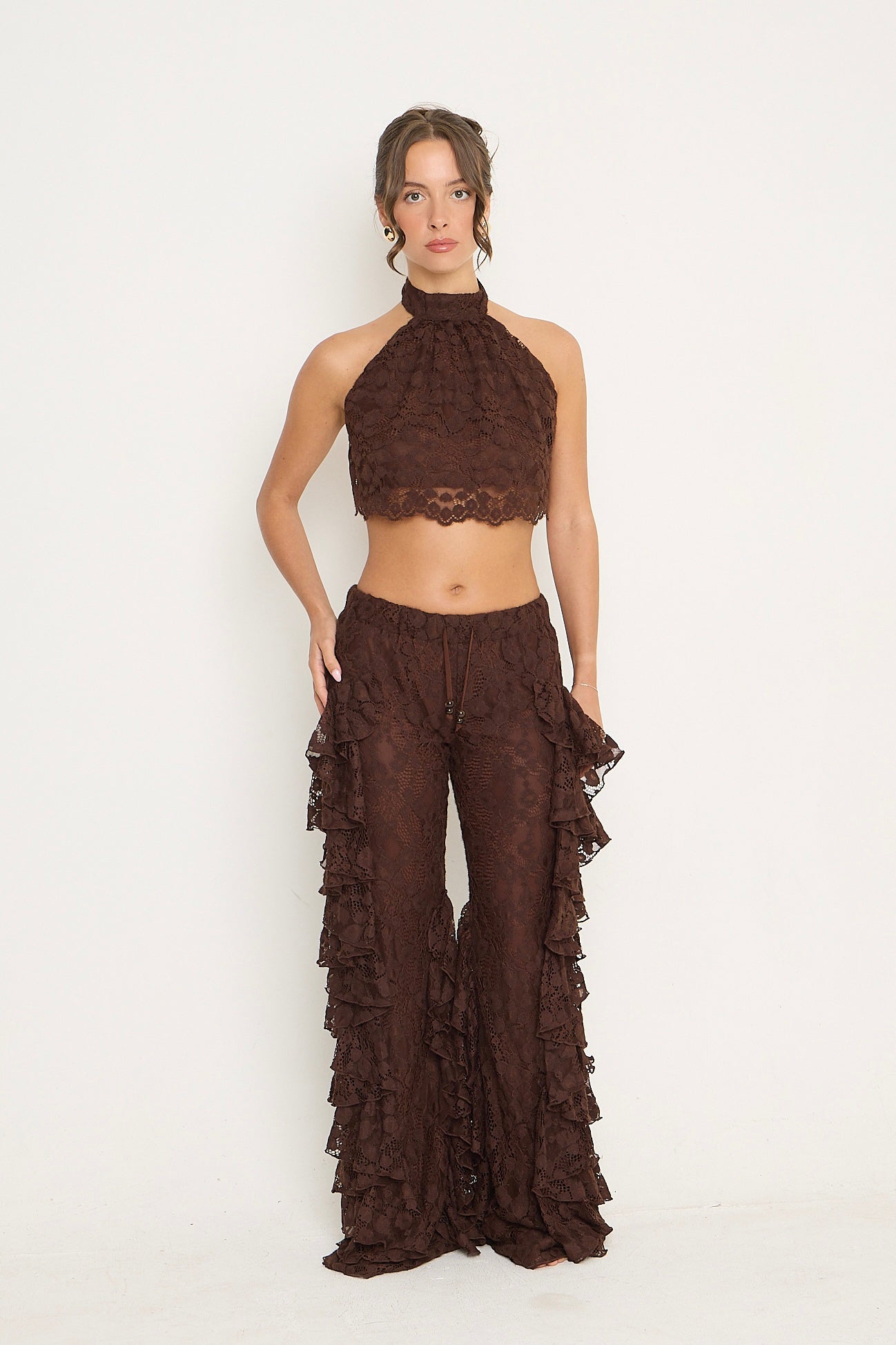 Sydney Lace Ruffle Trousers | Brown