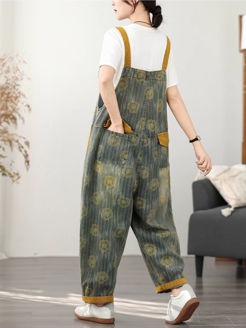 Stylish Women's Vintage-Inspired Printed Denim Dungarees | Eva Trends
