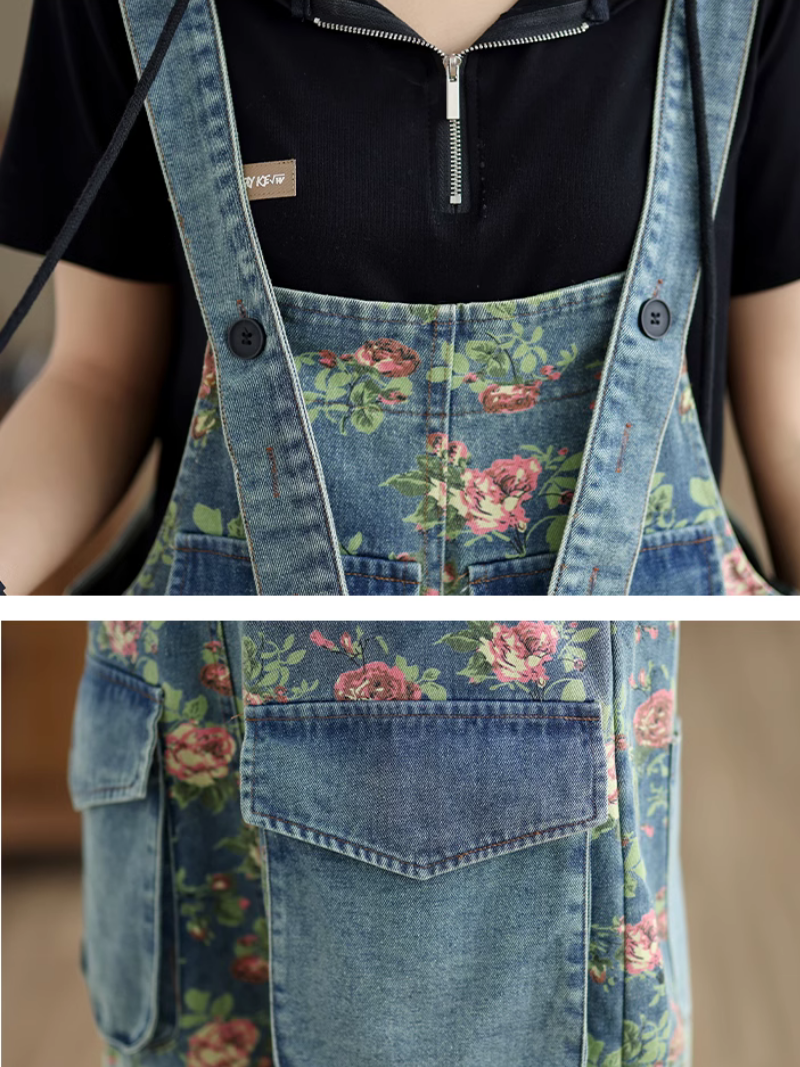 Loose Fit Rose Print Denim Dungarees with Elastic Hem
