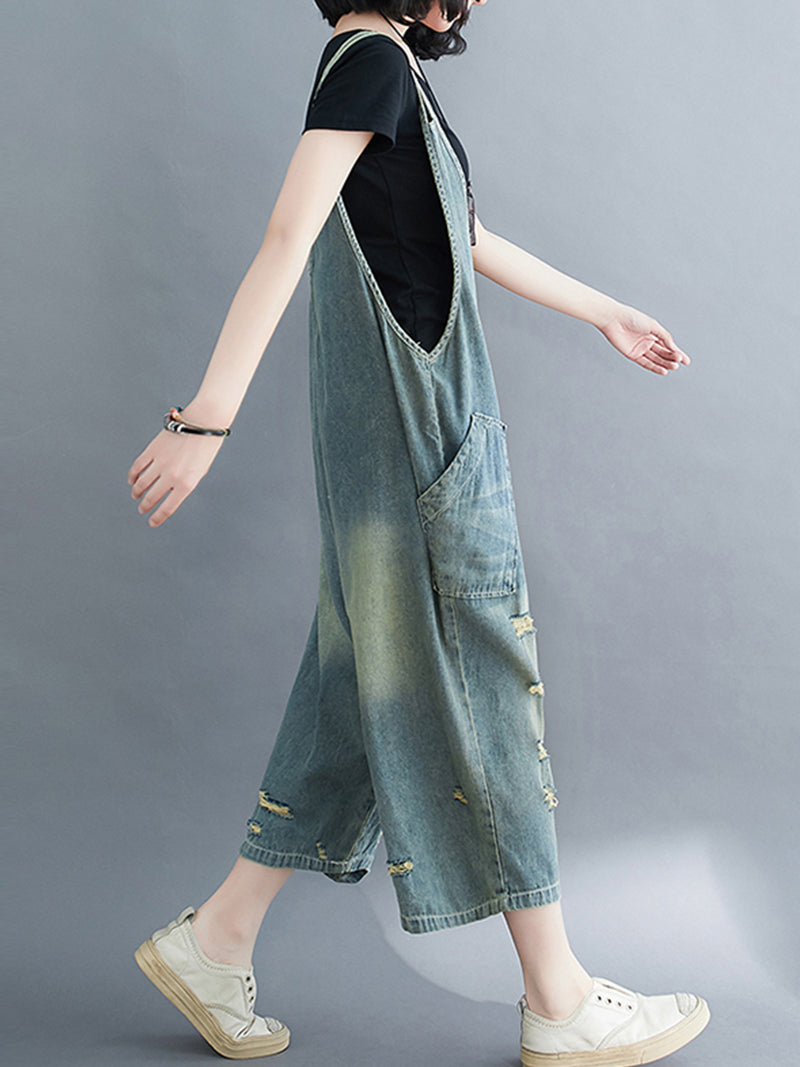 Distressed Denim Romper Dungarees - Large Patch Pocket Design