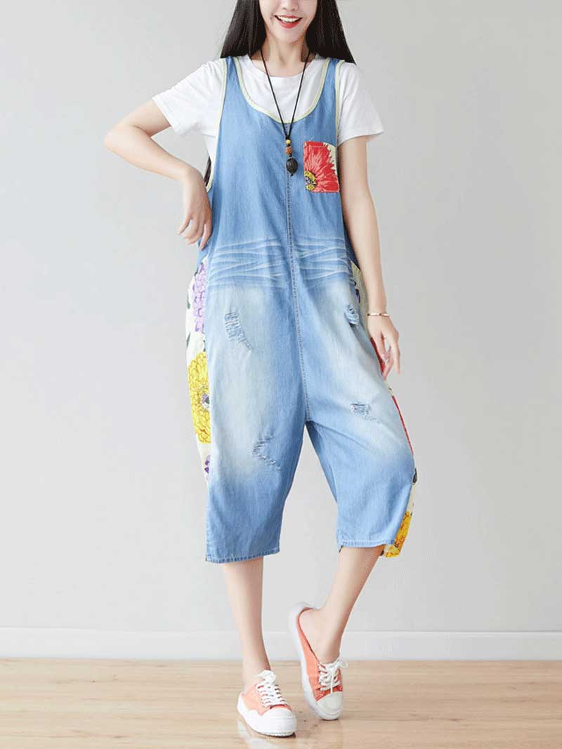 Blue Patchwork Denim Overall Dungarees