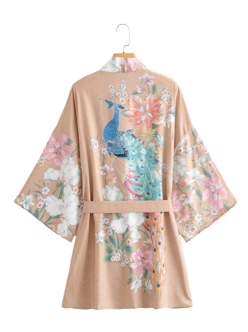 Short Length Floral + Peacock Print Khaki Color Polyester Gown Kimono Duster Robe