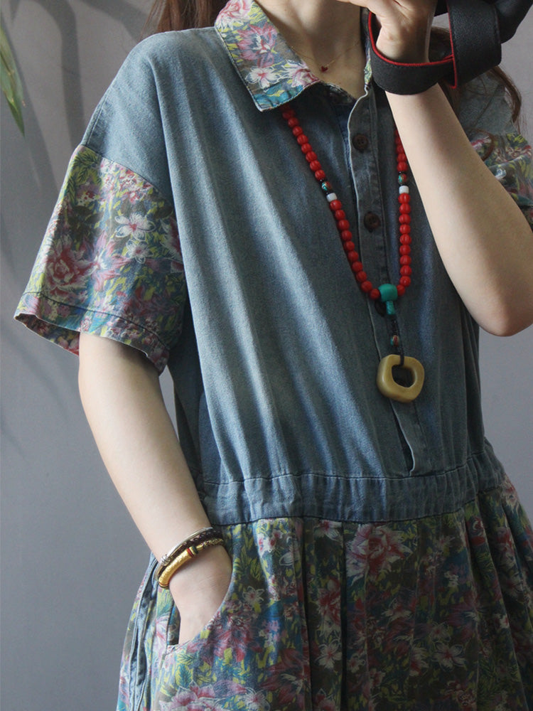 Floral Print Denim Jumpsuit - Elastic Cuff Style