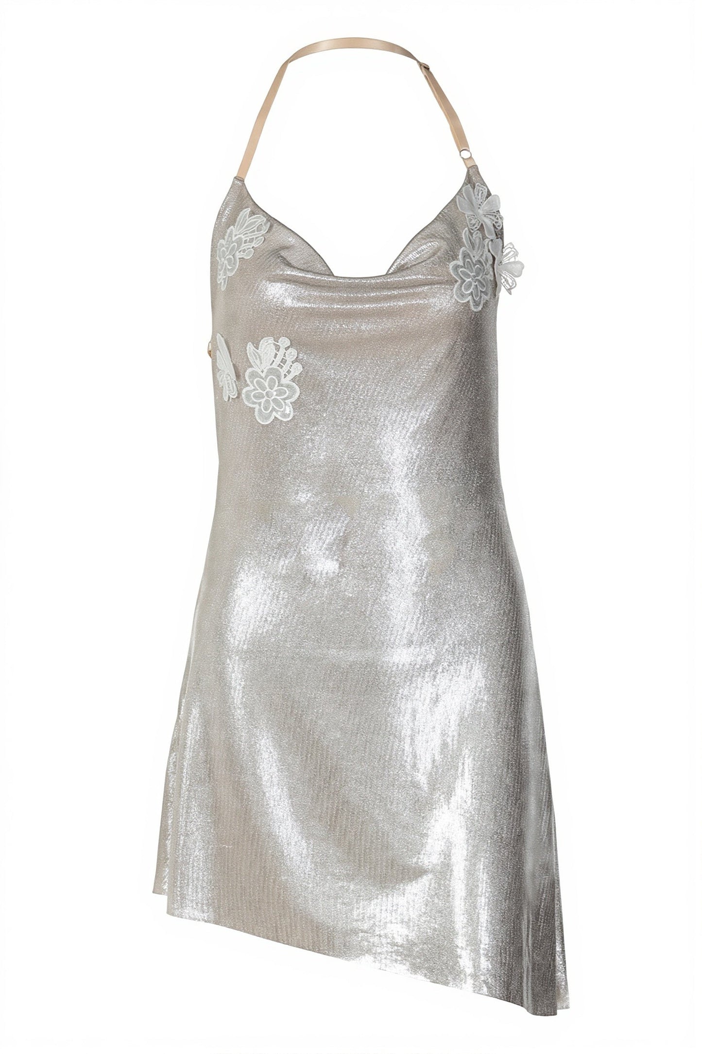 Halter Cowl Cutout Back Gold Print Mini Dress