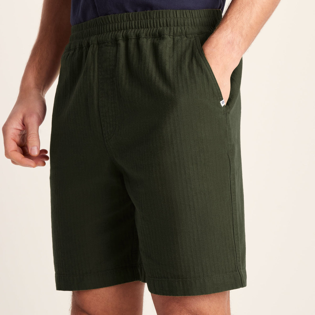 Allento Mens Relaxed Fit Herringbone Fabric Shorts - Dark Olive Green