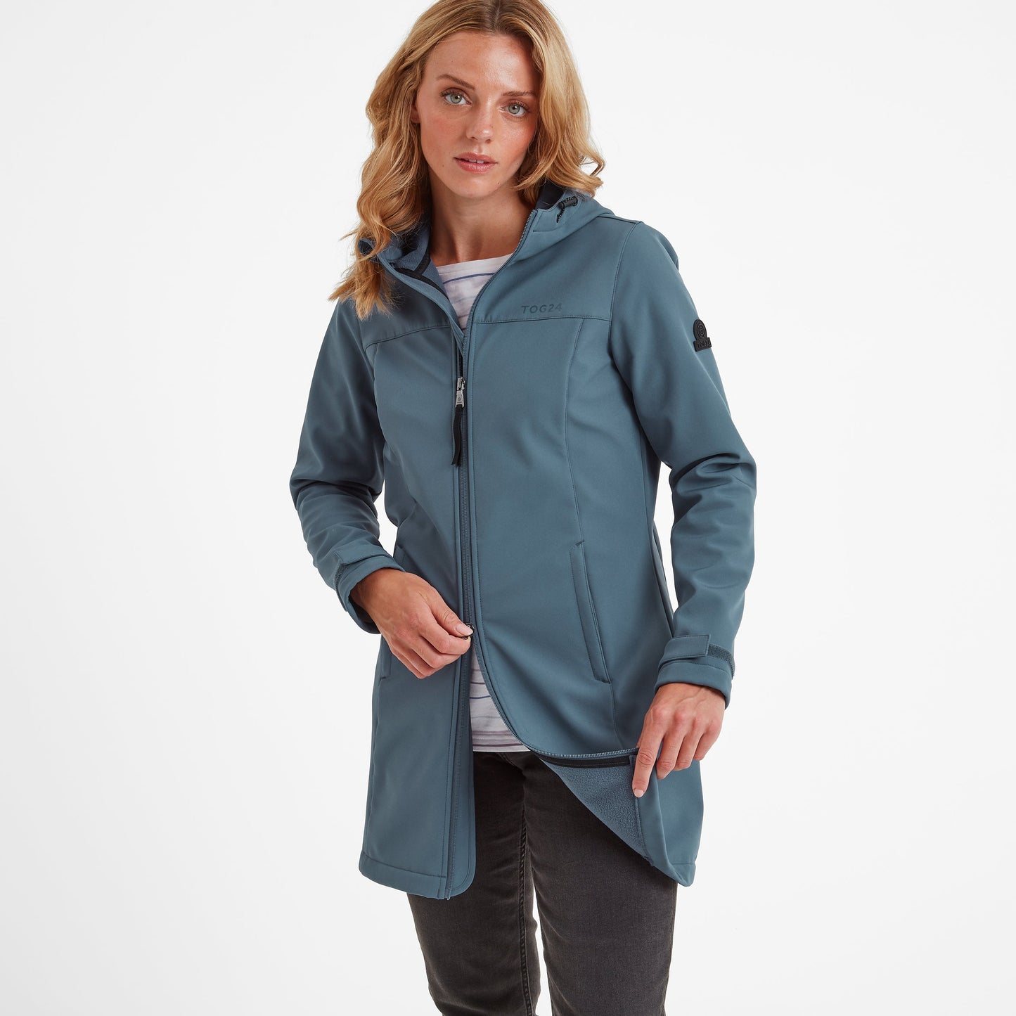Keld Womens Long Shower Resistant Hooded Softshell Jacket - Blue Stone