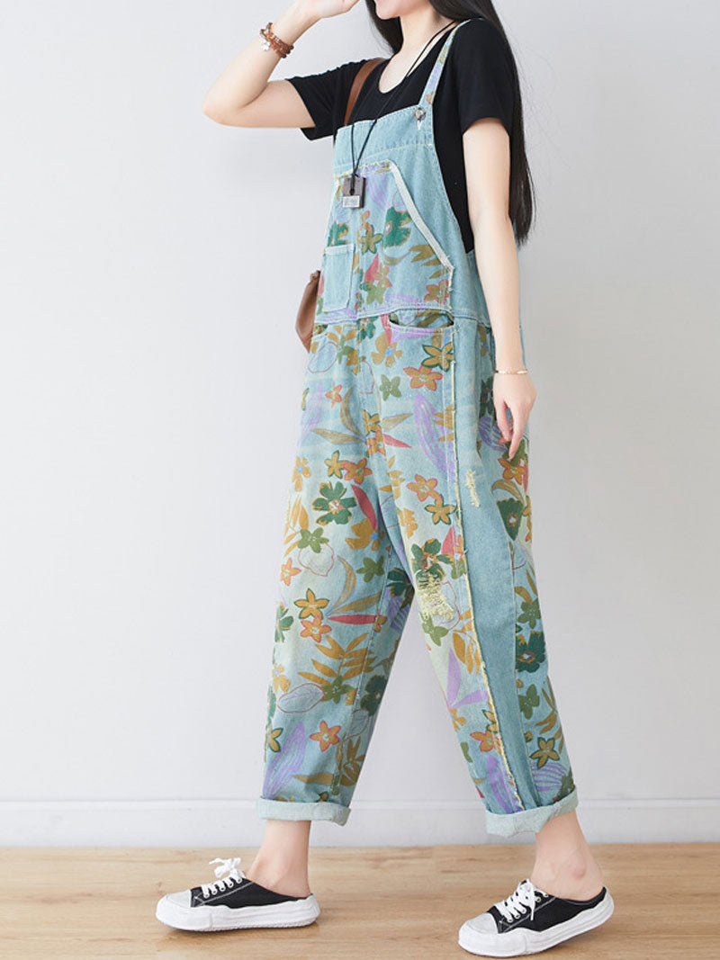 Hand-Painted Botanical Dungarees - Dropped Crotch Tapered Fit
