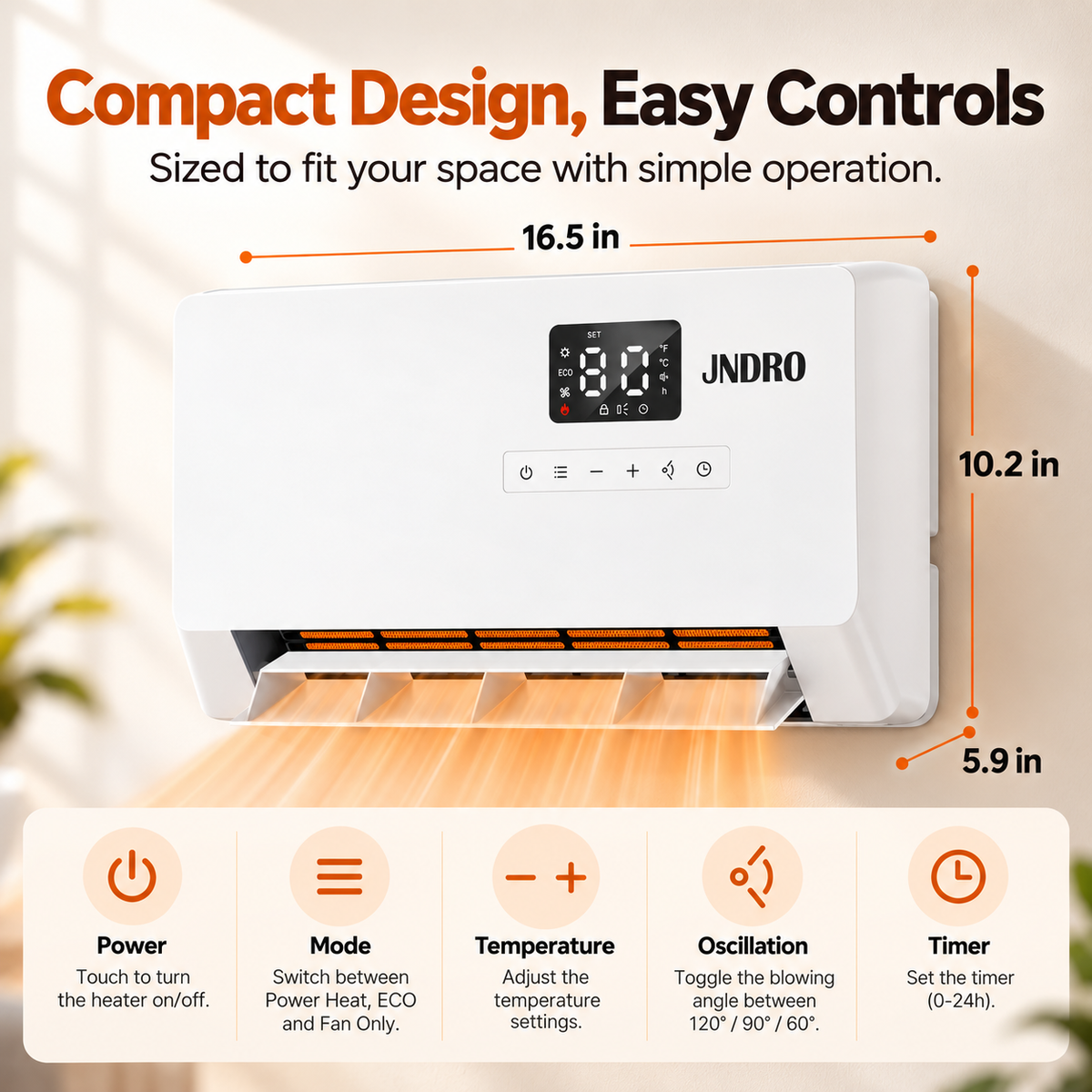 Smart Wall Heater, 1500W Fast Heating Electric Space Heater for Indoor Use