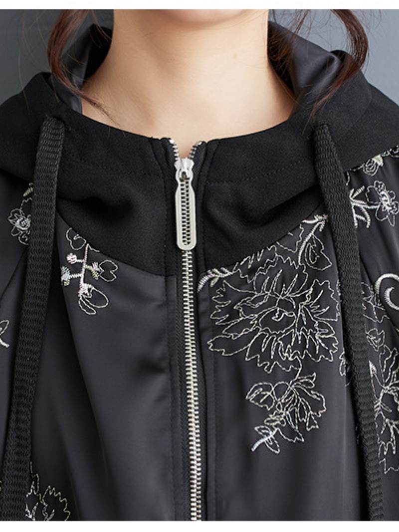 Women's Stylish & Trendy Hooded Embroidery Black Jacket