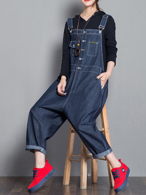 Loose Fit Button Front Denim Dungarees