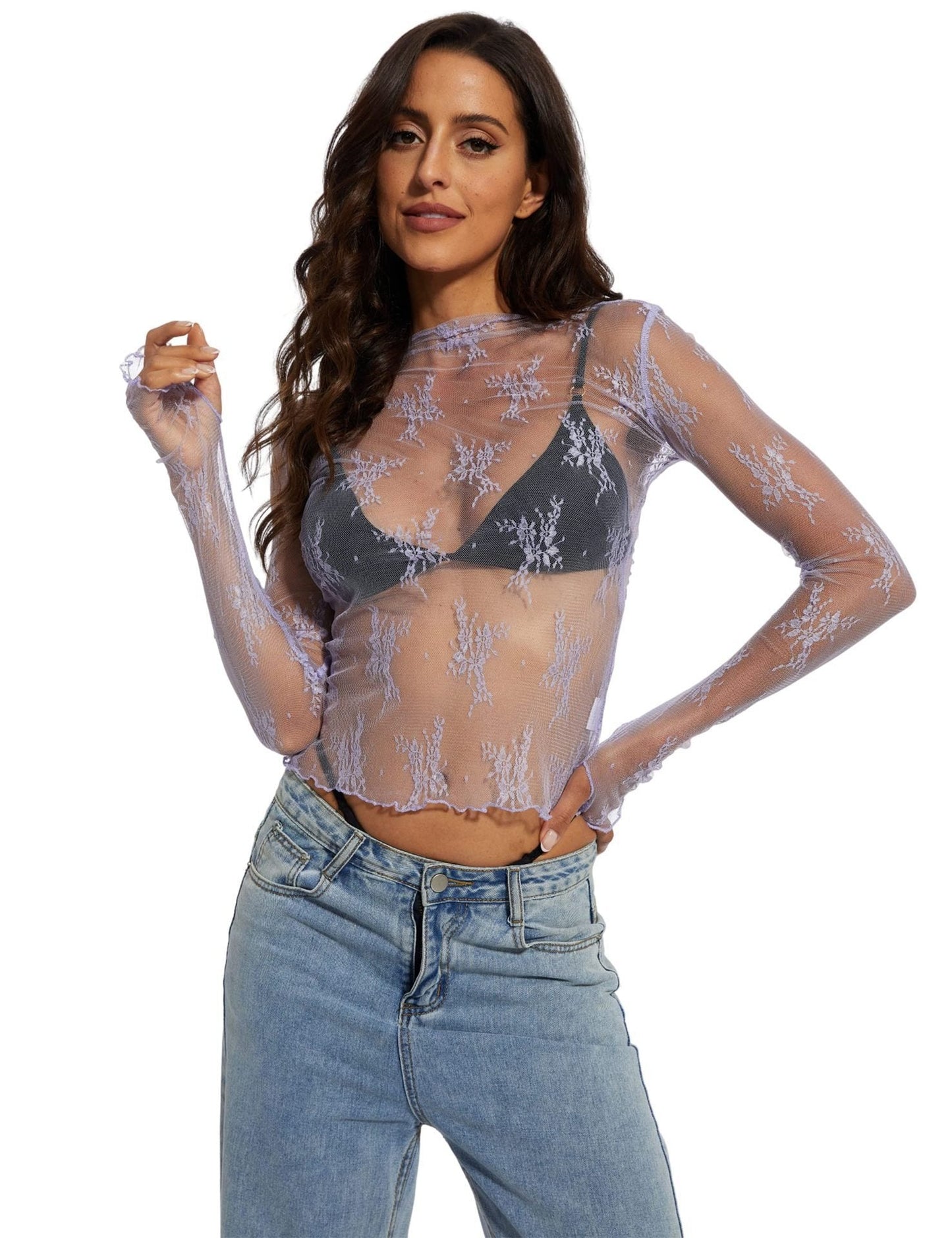 üòçWomen's Floral Lace Thumb Hole Sheer Tee