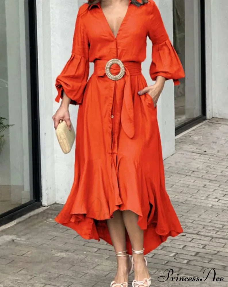 Fashion Ruffle Women's Shirt Casual V Neck Lantern Sleeve With Pocket Long Skirt Spring Lady Streetwear Midi Dress