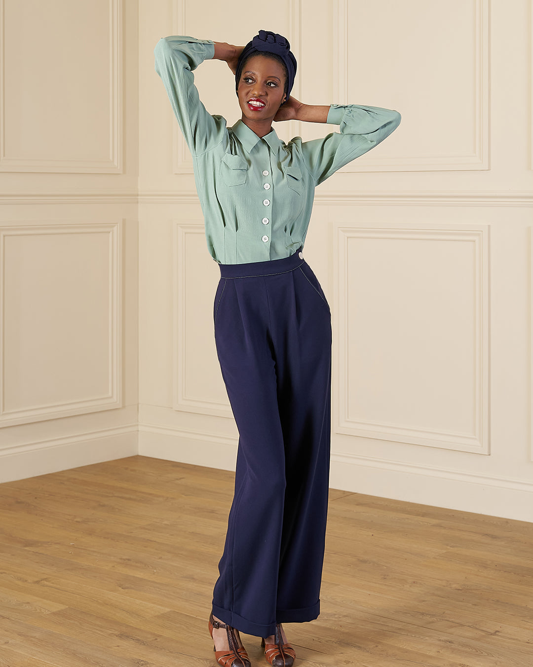 1940s Hepburn Pleated Trousers - Navy