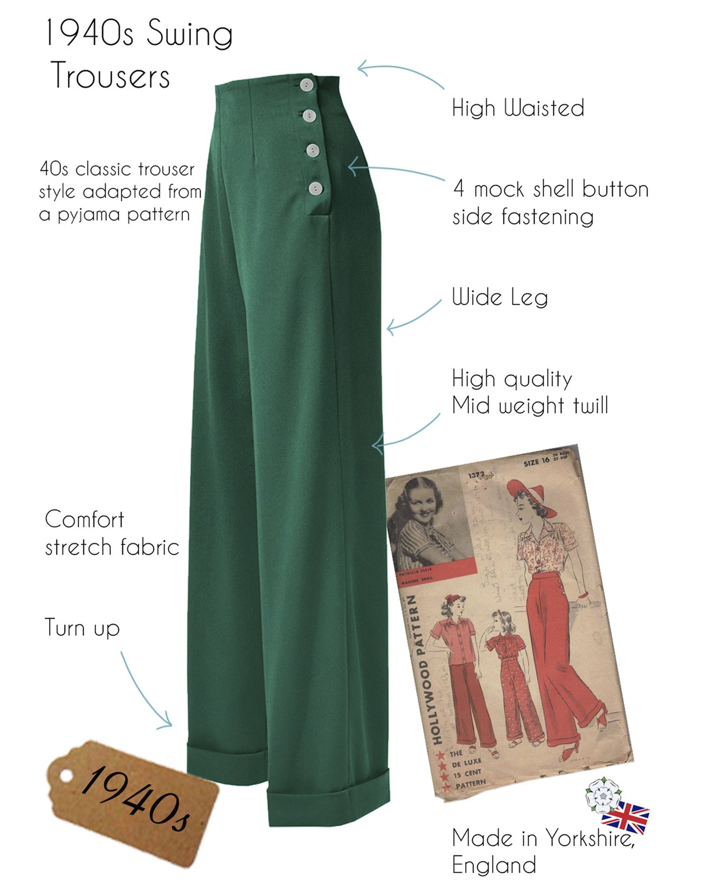 1940s Swing Trousers - Bottle Green
