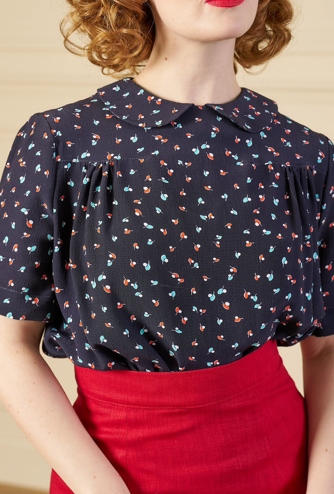 1940s Meet Again Blouse with Collar - Ocean Pearl