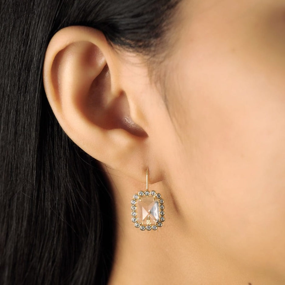 Emerald Cut CZ Halo Drop Earrings