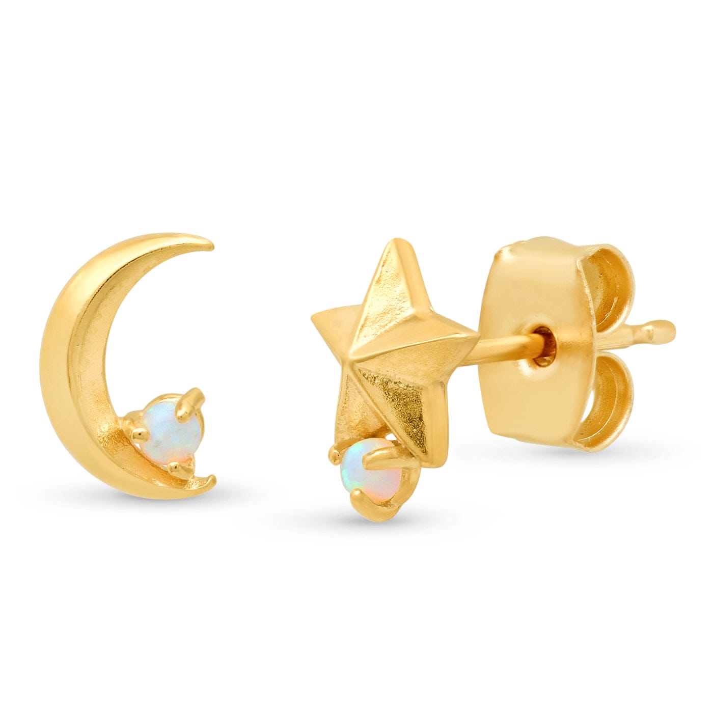 Gold Mismatched Star Moon Studs With Opal Accents