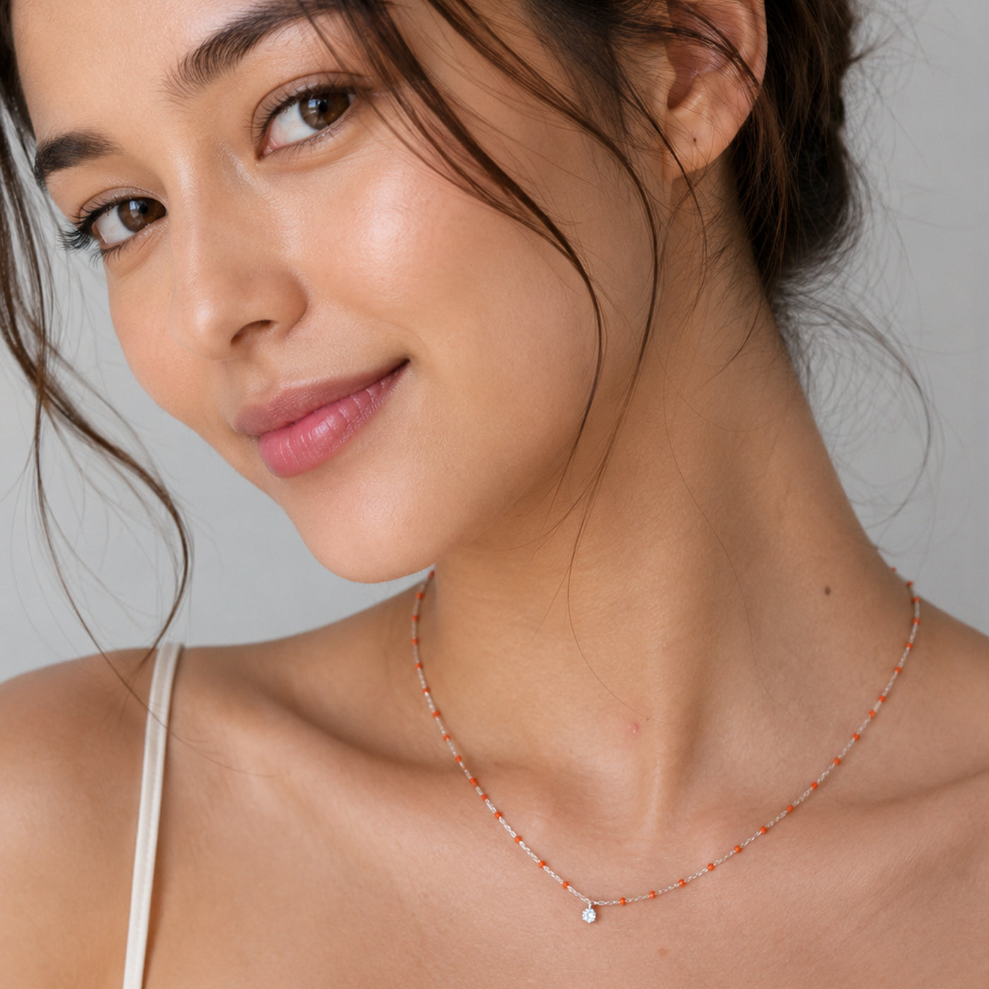 Sterling Silver Enamel Beaded Necklace With CZ