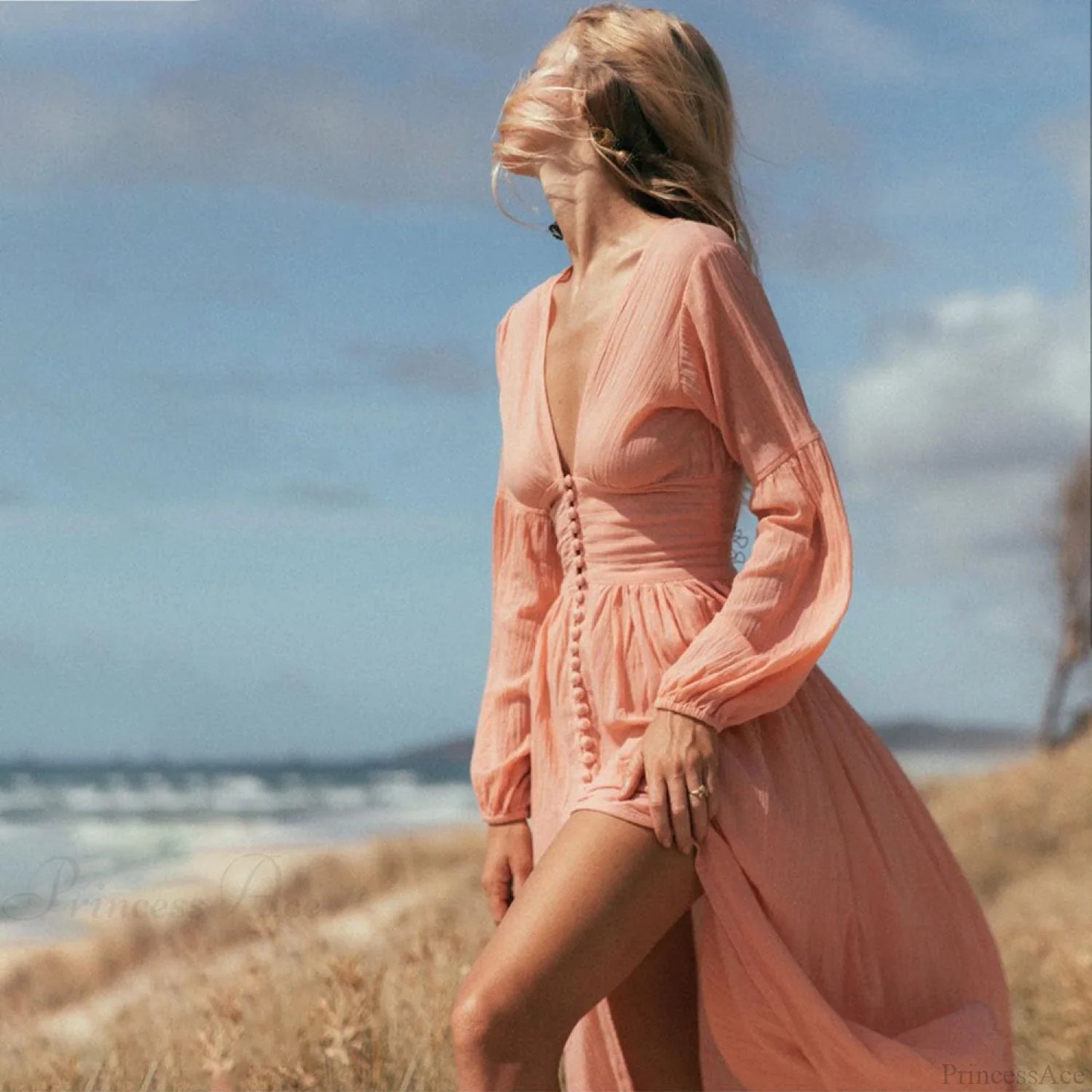 V Neck Button Down Maxi Dress