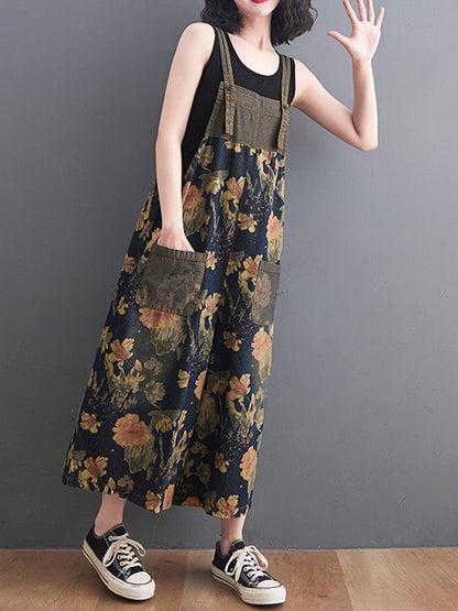 Wide-Leg Floral Denim Jumpsuit - Large Pocket Everyday Fit