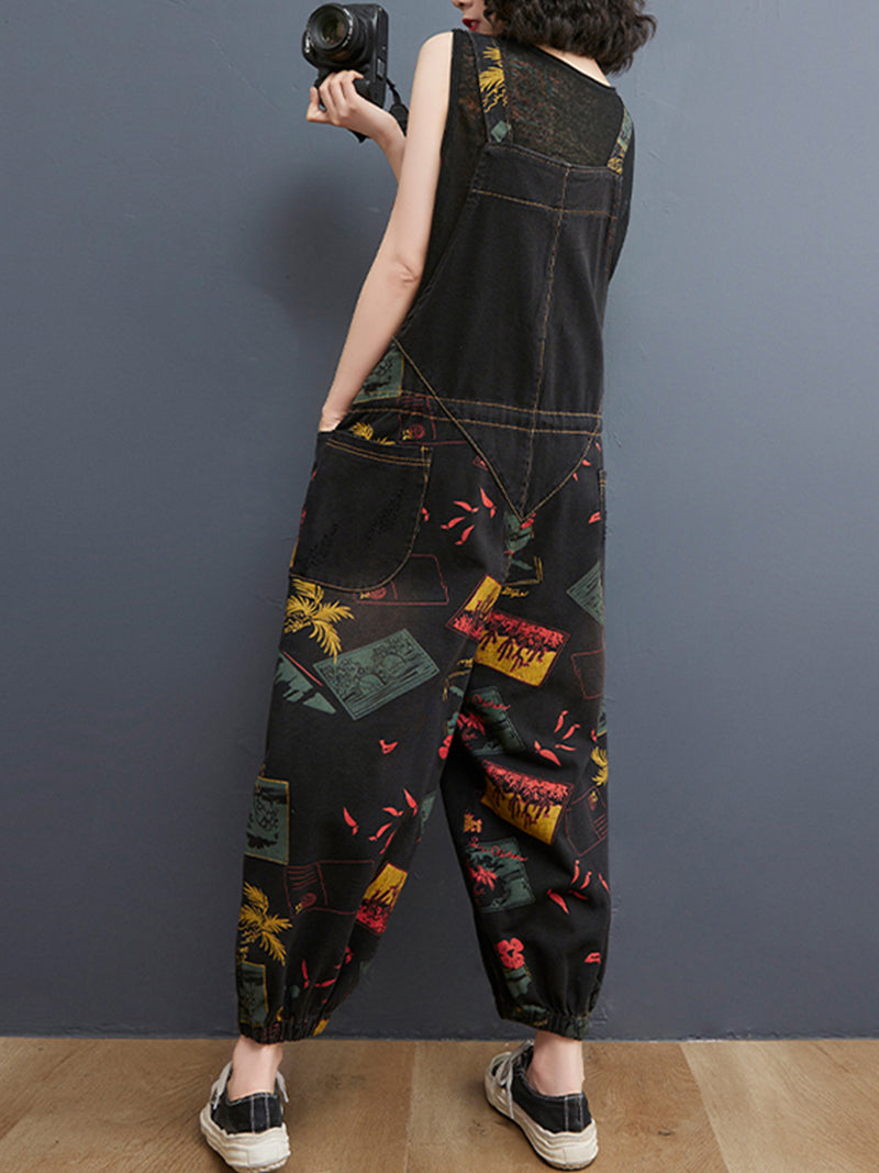 Balloon-Leg Denim Dungarees - Multi-Pocket Patch Print Design