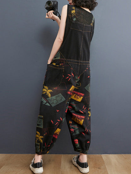 Balloon-Leg Denim Dungarees - Multi-Pocket Patch Print Design