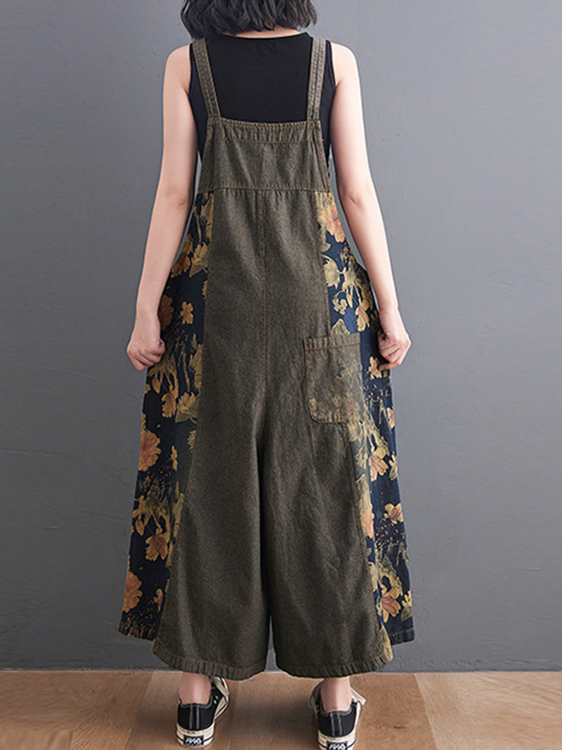 Wide-Leg Floral Denim Jumpsuit - Large Pocket Everyday Fit