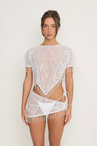 Krissy Beaded Sheer Top | White