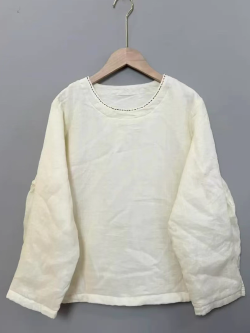 Minimal Long-Sleeve Cotton Blouse with Round Neckline, Effortless Women’s Top