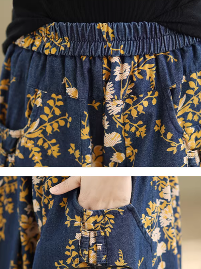 Floral Denim Cotton Palazzo Pants with Elastic Waist, Chic Wide-Leg Silhouette