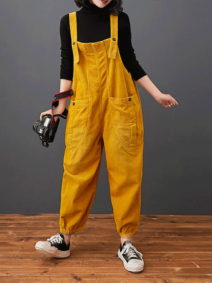 Cotton Corduroy Dungarees - Relaxed Barrel Leg Overall Fit