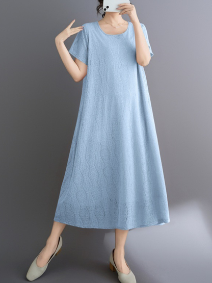 Lace-Scrolled A-Line Midi Dress with Pockets in Cotton Blend Elegance