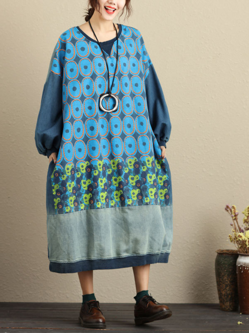 Women's Printed Side Pockets Robe Puff Sleeves Hooded Dress