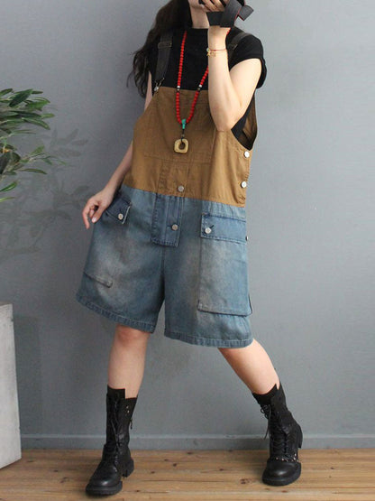 Cargo Pocket Short Dungaress - Color Block Knee-Length Fit