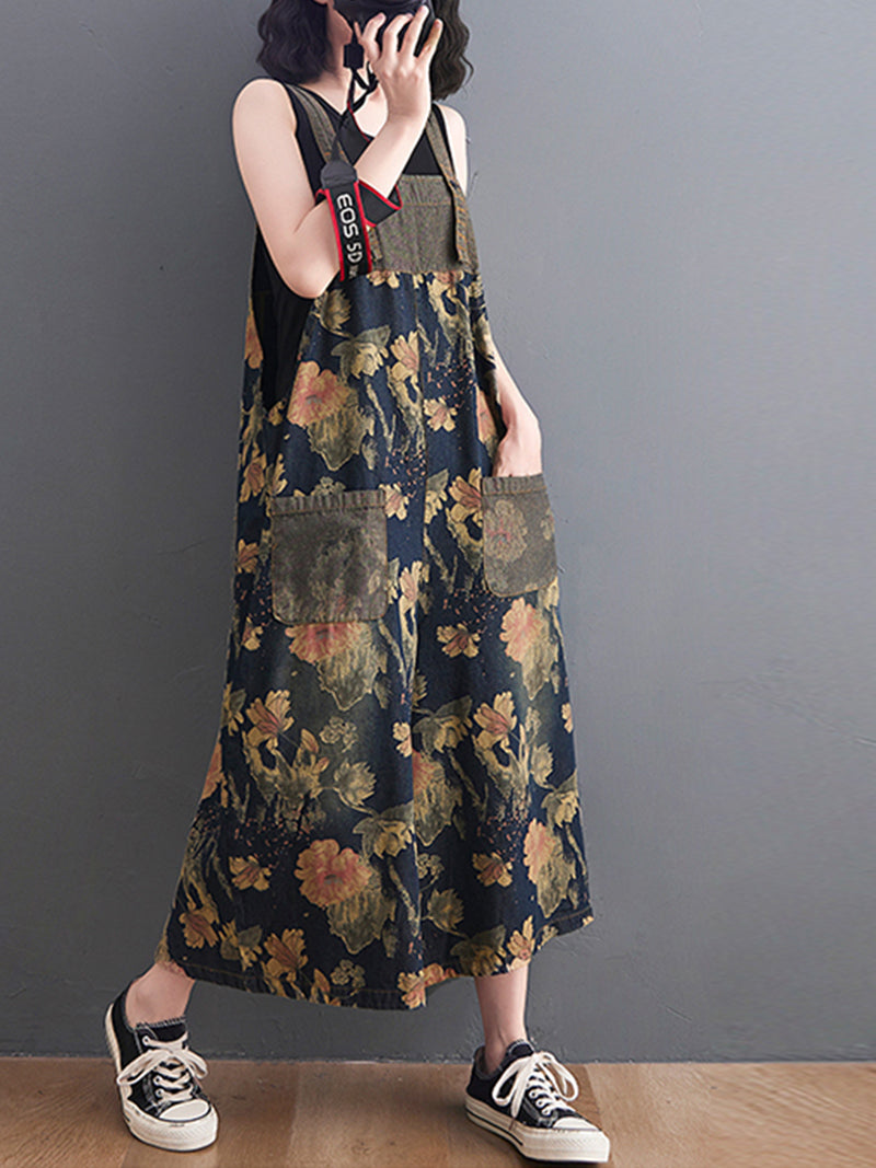 Wide-Leg Floral Denim Jumpsuit - Large Pocket Everyday Fit