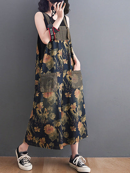 Wide-Leg Floral Denim Jumpsuit - Large Pocket Everyday Fit