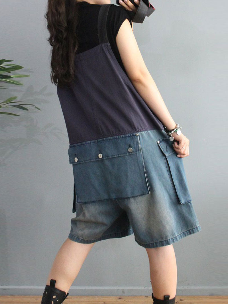 Cargo Pocket Short Dungaress - Color Block Knee-Length Fit