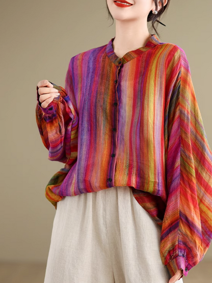 Trendy Women's Rainbow Stripe Loose Shirt | Eva Trends