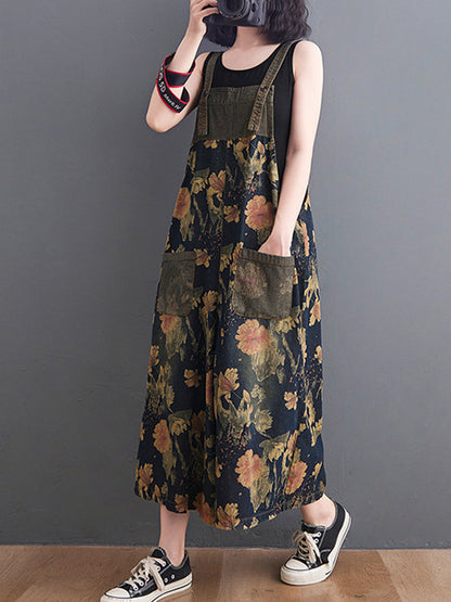 Wide-Leg Floral Denim Jumpsuit - Large Pocket Everyday Fit