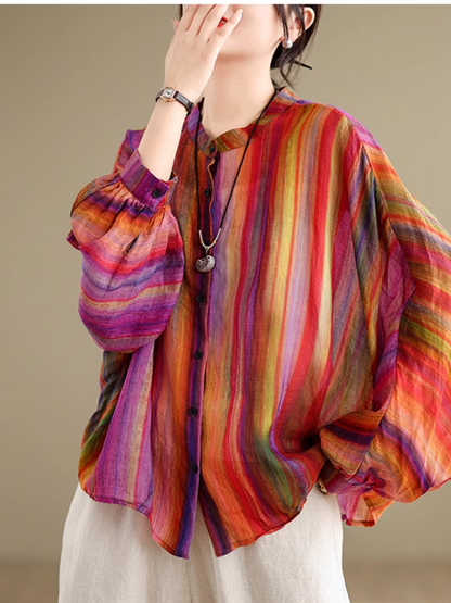 Trendy Women's Rainbow Stripe Loose Shirt | Eva Trends
