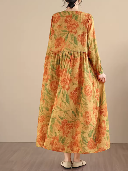 Artful Floral Tiered Maxi Dress in Airy Cotton&Flax for Everyday Elegance