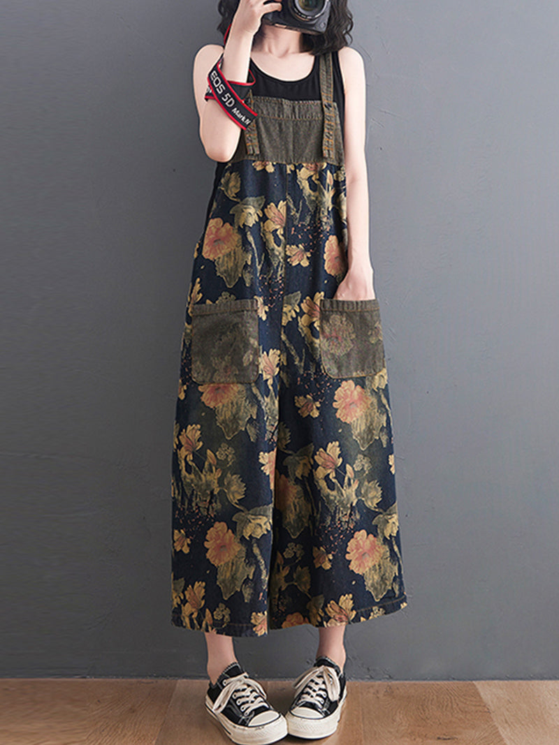 Wide-Leg Floral Denim Jumpsuit - Large Pocket Everyday Fit