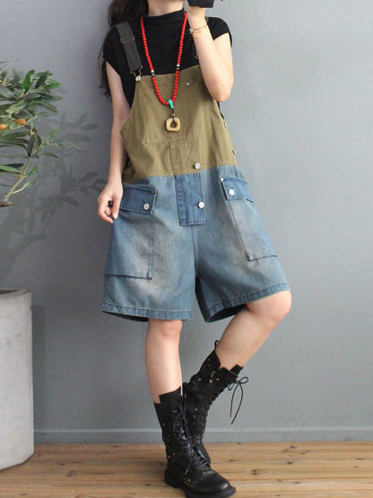Cargo Pocket Short Dungaress - Color Block Knee-Length Fit