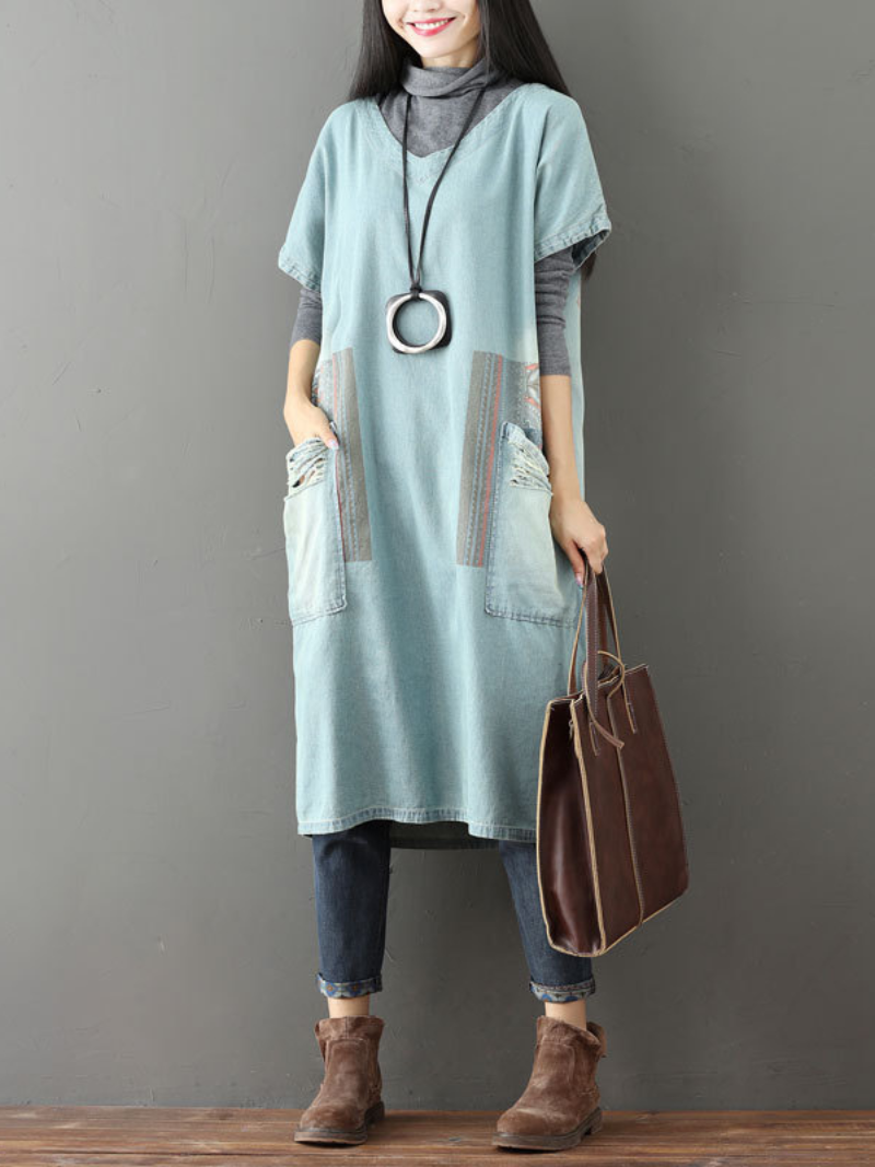 Women's Casual Chic Retro Printed Big Pocket Midi Dress