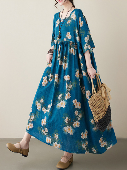 All You Need Women's Cotton Round Neck Floral Smock Dress