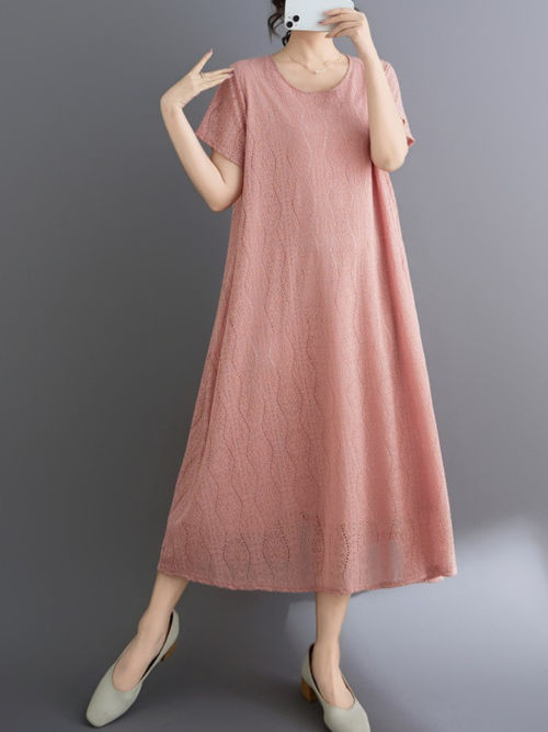 Lace-Scrolled A-Line Midi Dress with Pockets in Cotton Blend Elegance
