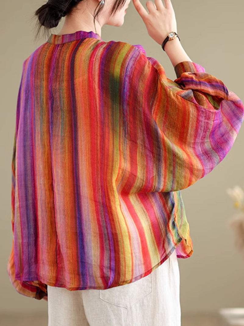 Trendy Women's Rainbow Stripe Loose Shirt | Eva Trends