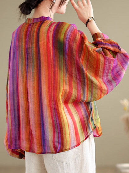Trendy Women's Rainbow Stripe Loose Shirt | Eva Trends