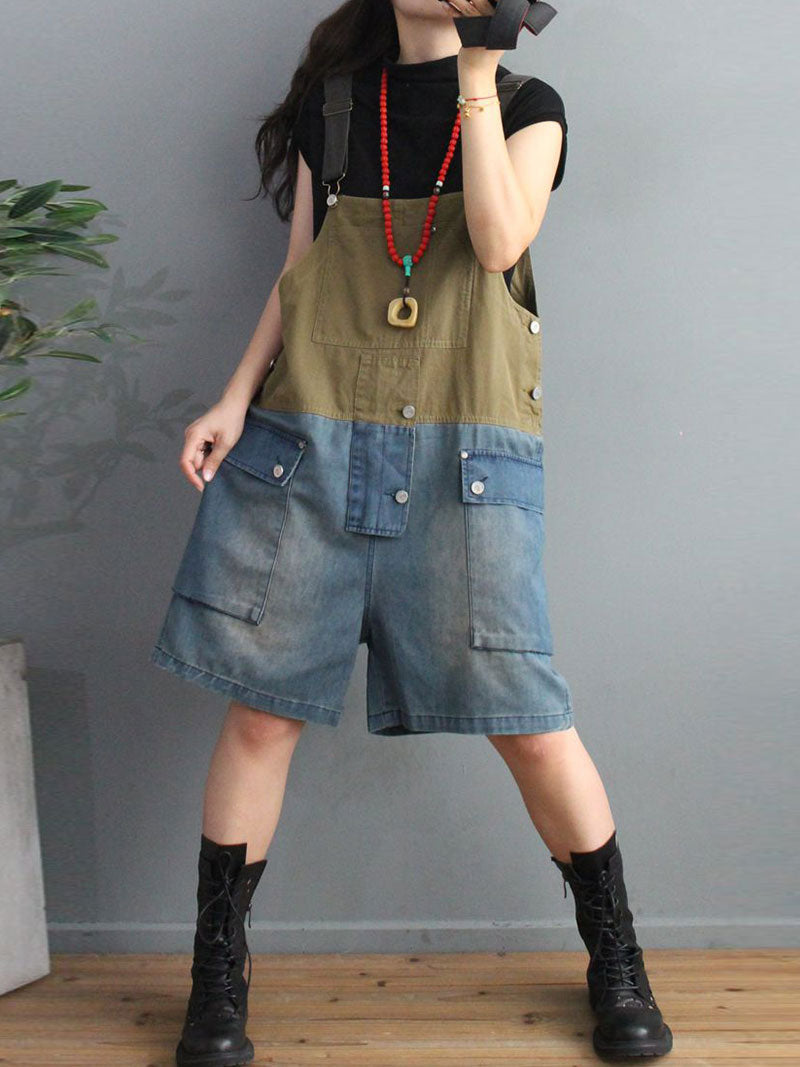 Cargo Pocket Short Dungaress - Color Block Knee-Length Fit